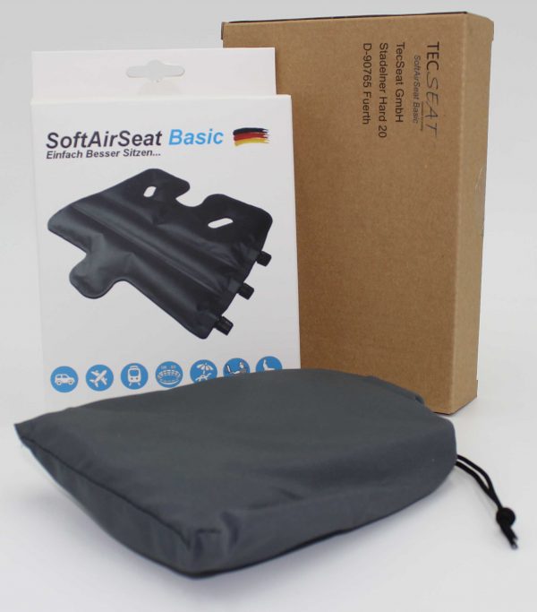 Verpackt in einer recycelten Kartonverpackung kommt ihr SoftAirSeat Basic+ sicher und gut bei ihnen an.